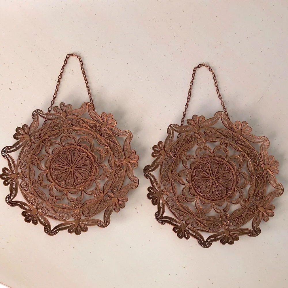 Vintage Rare Mid Century Albanian Handcrafted Copper Wall Art Filigree Decor Set